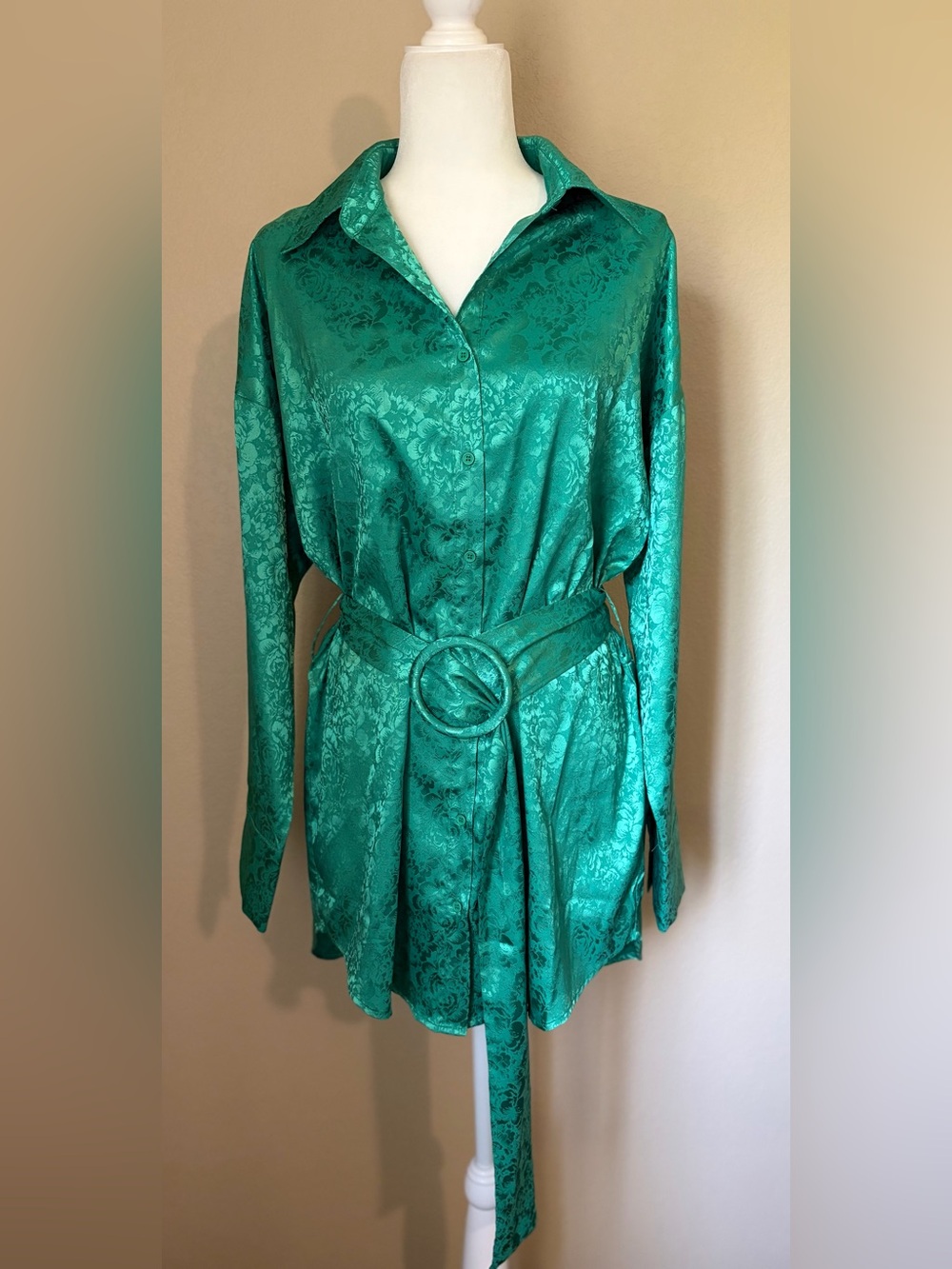 12th Tribe Emerald Floral Jacquard Button Front Shirt Dress Medium